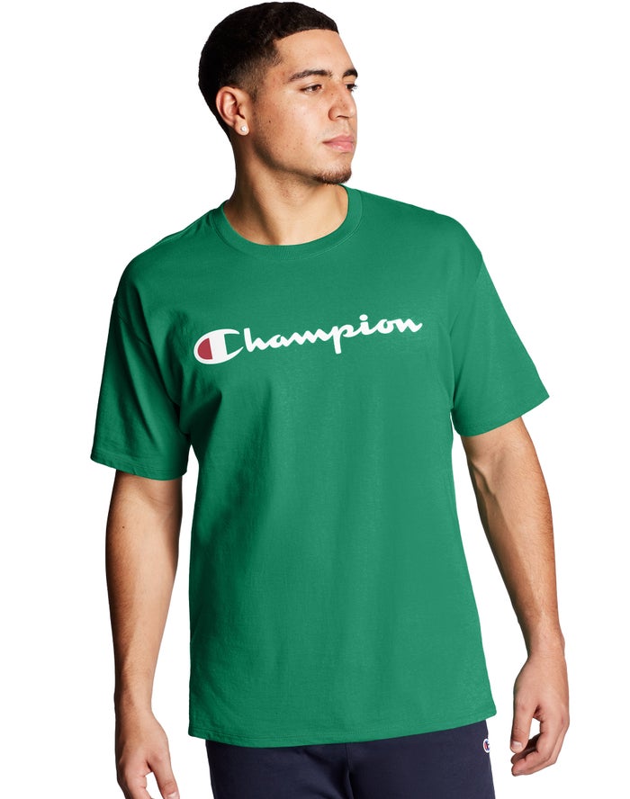 Champion Mens T-Shirt NZ - Classic Jersey Script Logo Green ( 0752-RDUIJ )